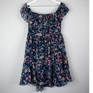 Lulus Floral Mini Dress‎ Womens Medium Navy Blue Excellent Ruffle Off Shoulder